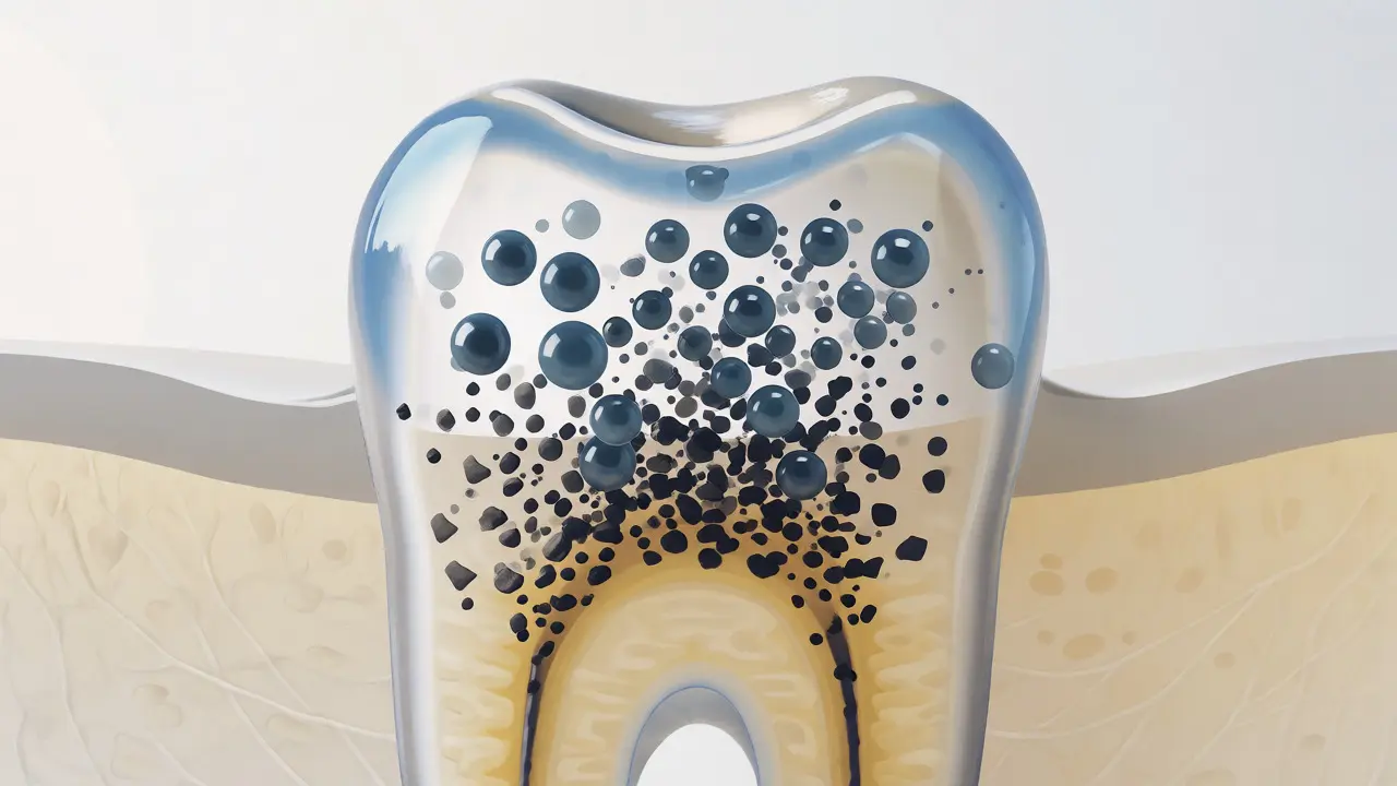 Ilustrace průniku bělicích látek do struktury zubní skloviny a dentinu.