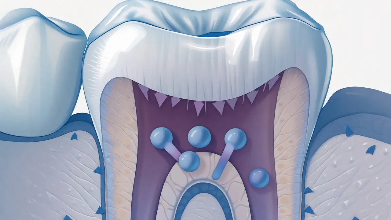 Ilustrace řezu zubem ukazující zabarvení v dentinu pod sklovinou.
