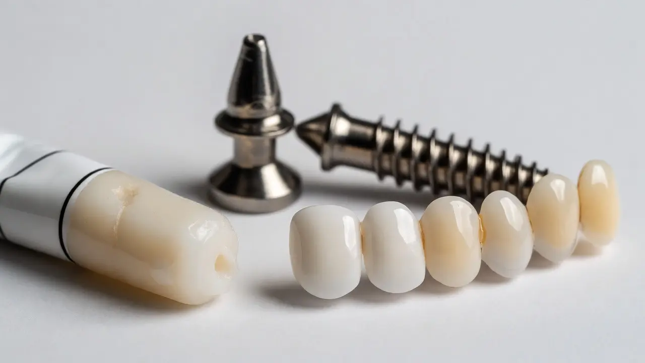 Makro fotografie dentálních materiálů: kompozit, keramické fasety a titanový implantát.