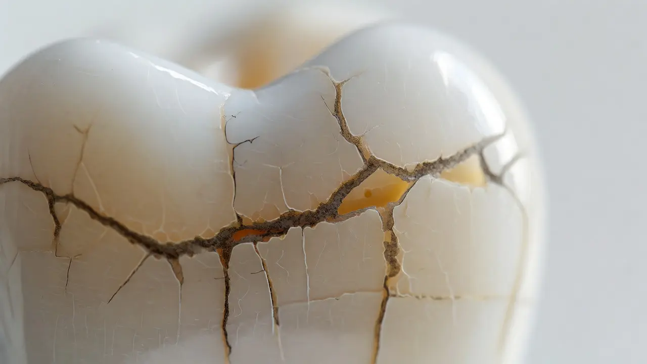 Makro snímek prasklin v zubní sklovině odhalující citlivý dentin.