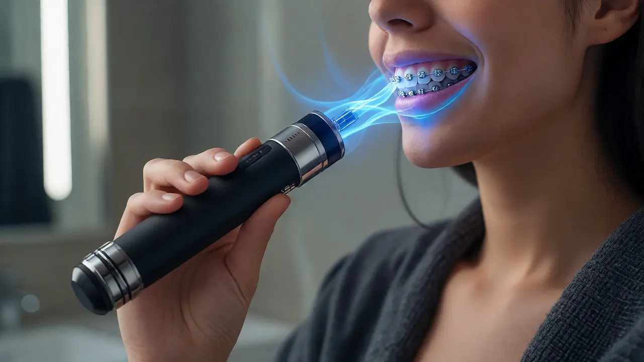 Osoba s rovnátky používá futuristický ultrasonický čistič zubů bez tlaku