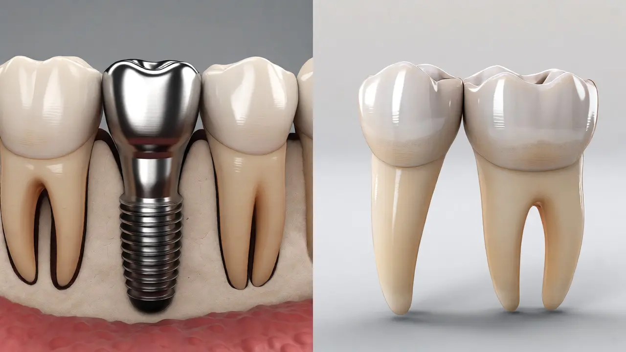 Srovnání struktury zubního implantátu a můstku se zachováním sousedních zubů.