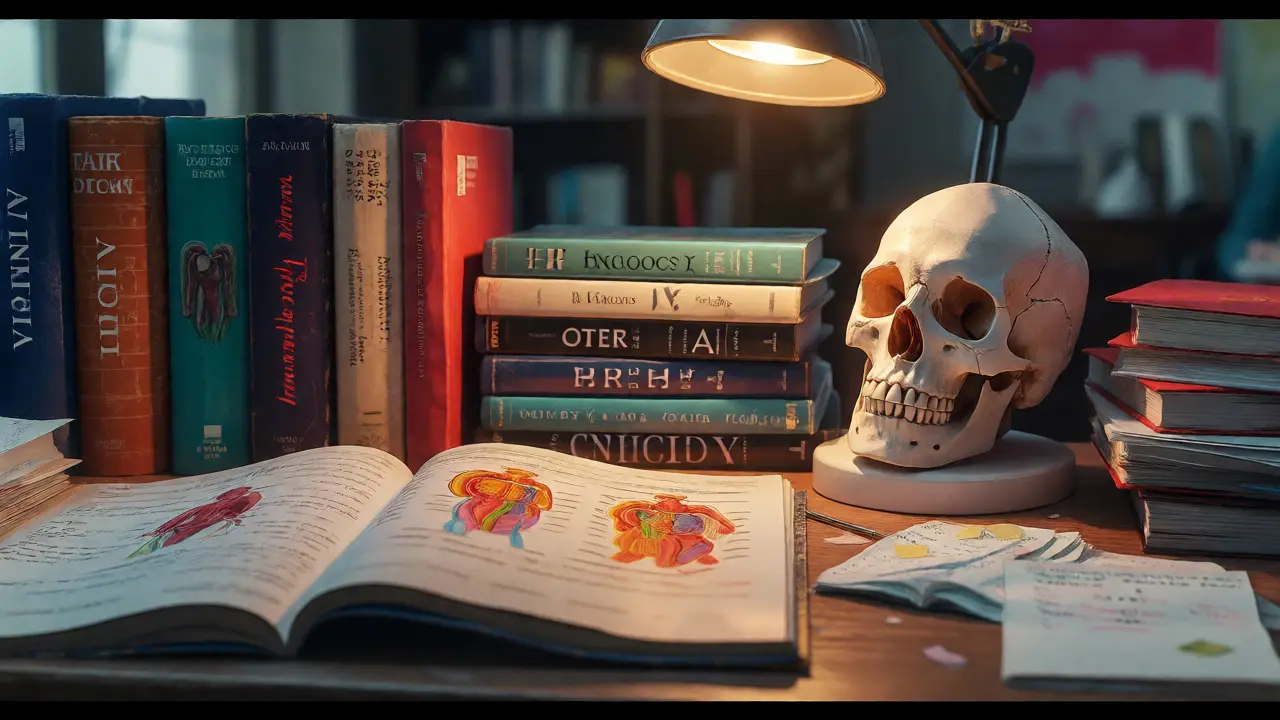 Stůl plný anatomických atlasů a lebek při studiu medicíny