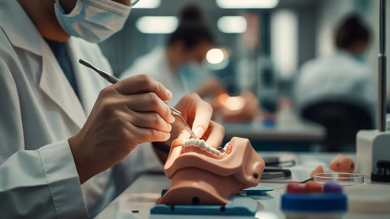 Zubní student pracuje s nástroji na fantomu v klinické laboratoři