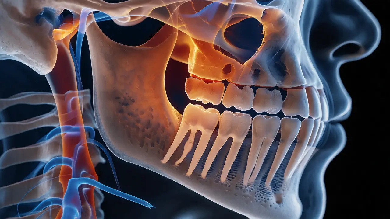 Anatomická ilustrace kořenů zubů a jejich blízkosti k dutinám