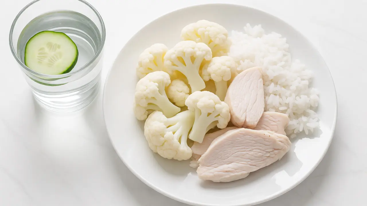 Bílá dieta s kuřecím masem a rýží na talíři