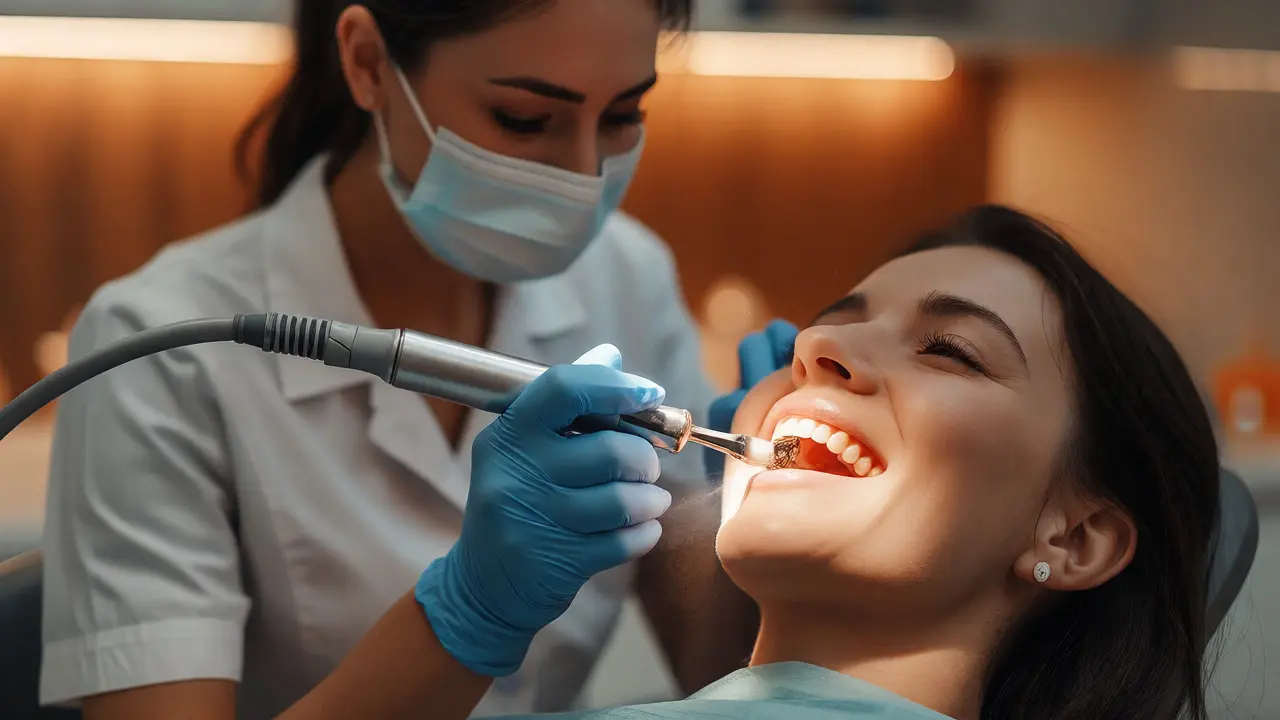 Dentální hygienistka odstraňuje kámen ultrazvukem
