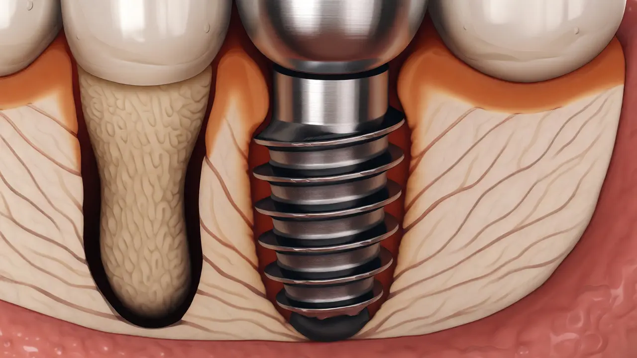 Ilustrace osseointegrace titanového implantátu v kosti