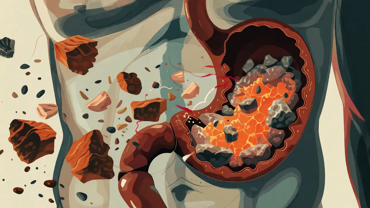 Ilustrace trávení velkých soust jídla způsobených nedostatečným žvýkáním
