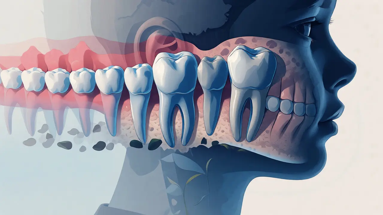Konceptuální ilustrace vývoje chrupu s přechodem od mléčných ke stálým zubům.