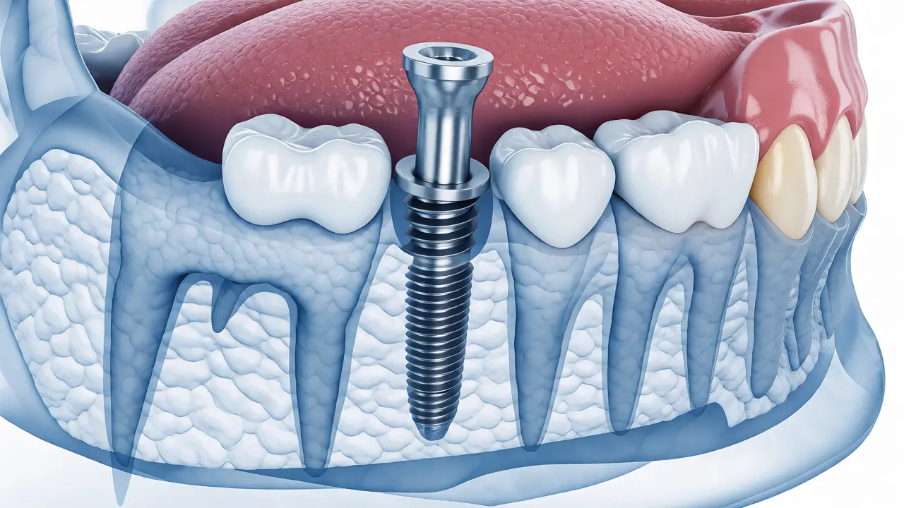 Lékařská ilustrace řezu čelistí s titánovým implantátem v kosti.