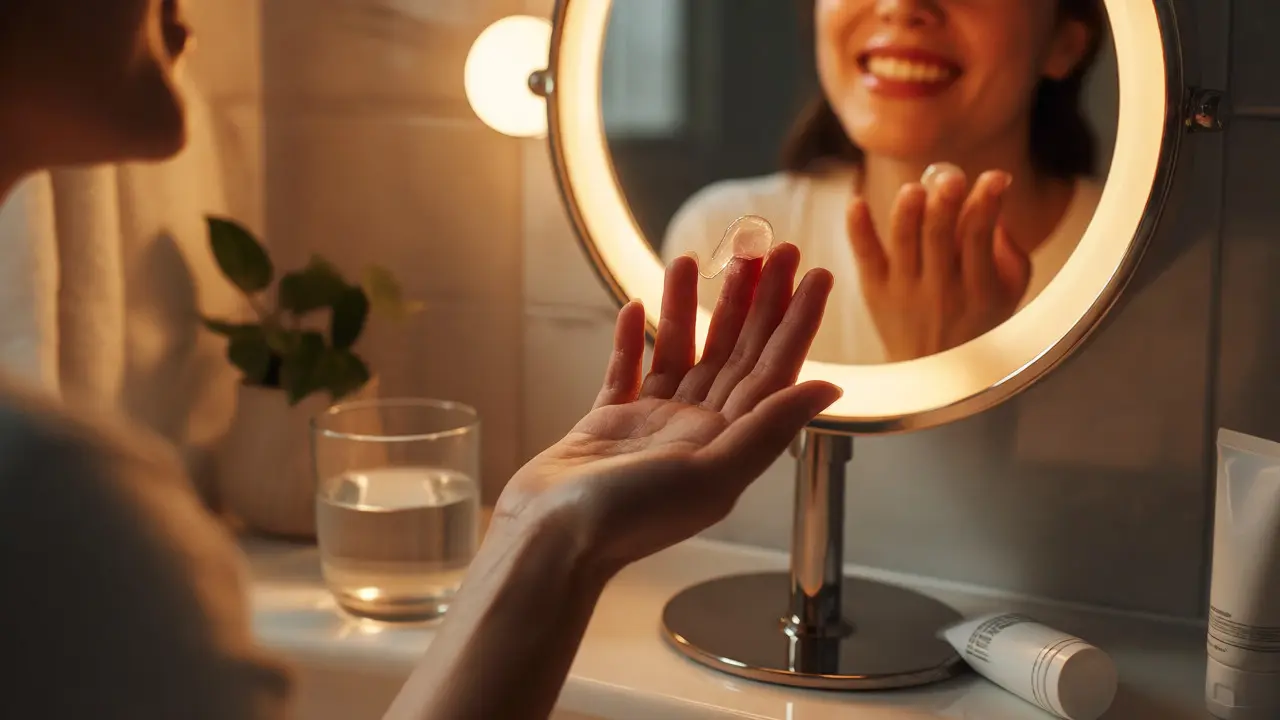 Osoba nanášející gel na zuby prstem během večerní hygieny
