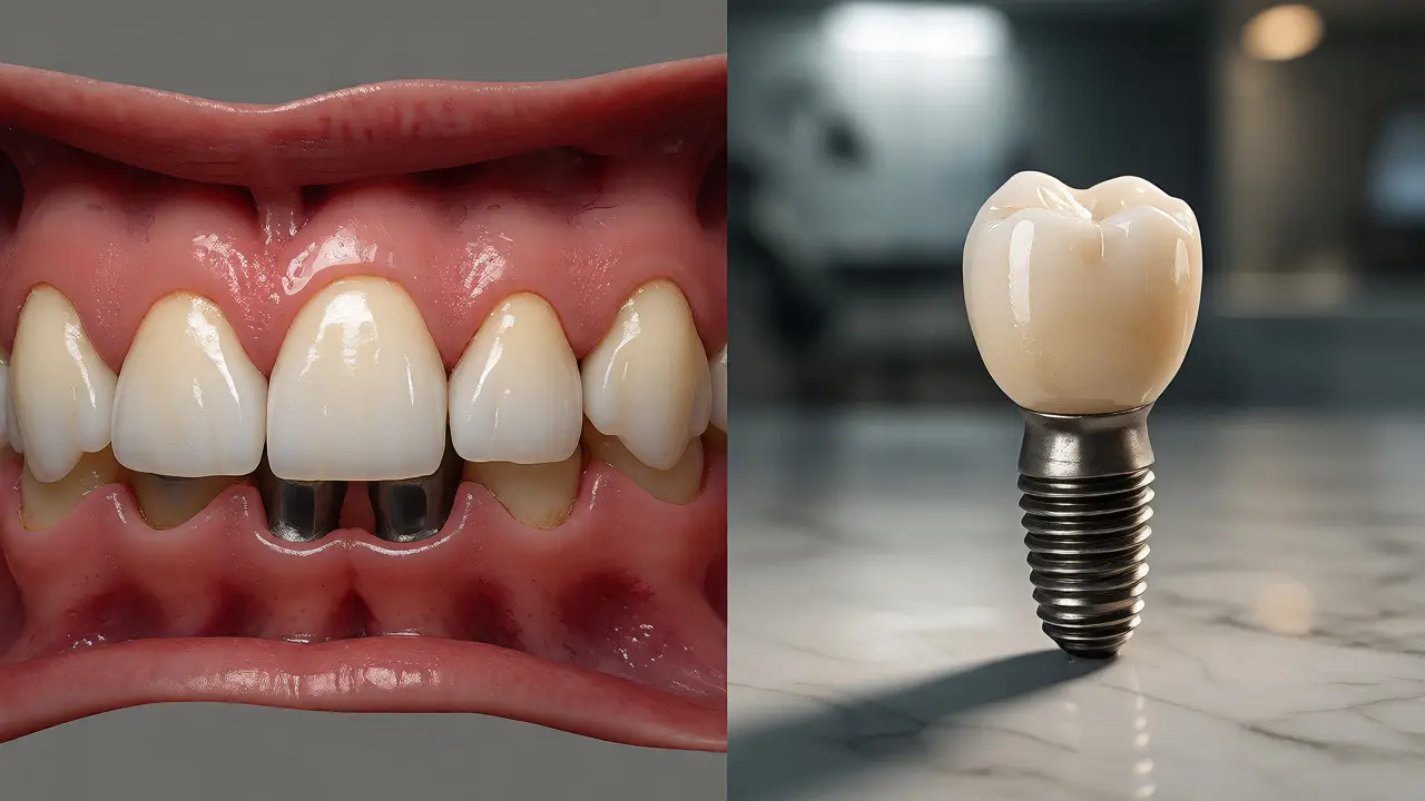 Porovnání zubního můstku a samostatného implantátu s keramickou korunkou.