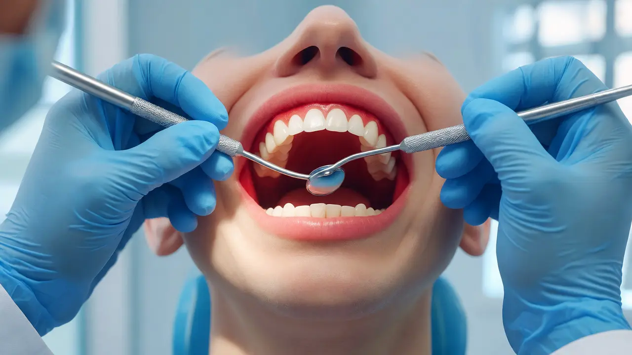 Zubař vyšetřuje zánětlivé dásně pacienta pomocí dentálního zrcátka.
